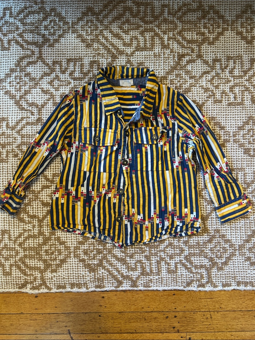 Pink Chicken / Blue Rooster Boys' Pencil Pattern Button-Down Shirt, 5Y